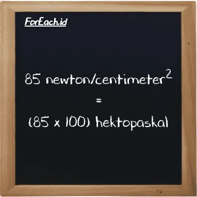 Cara konversi newton/centimeter<sup>2</sup> ke hektopaskal (N/cm<sup>2</sup> ke hPa): 85 newton/centimeter<sup>2</sup> (N/cm<sup>2</sup>) setara dengan 85 dikalikan dengan 100 hektopaskal (hPa)